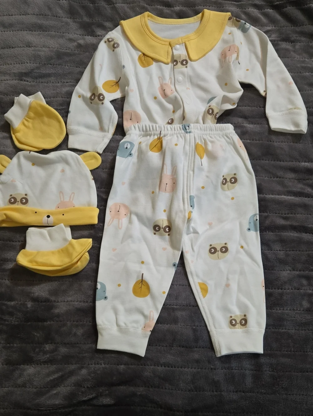 Yellow-Trim Animal Print Baby 2-Piece Set With Hat, Booties, & Mittens